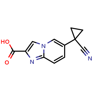 Chemical structure of 6-(1-cyanocyclopropyl)imidazo[1,2-a]pyridine-2-carboxylic acid , CAS 2654760-79-7, AChemBlock X215481