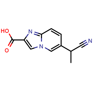 Chemical structure of 6-(1-cyanoethyl)imidazo[1,2-a]pyridine-2-carboxylic acid , CAS 2654760-76-4, AChemBlock X215482