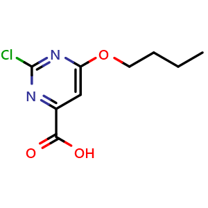 Chemical structure of 6-butoxy-2-chloro-pyrimidine-4-carboxylic acid , CAS 1851263-90-5, AChemBlock X215626