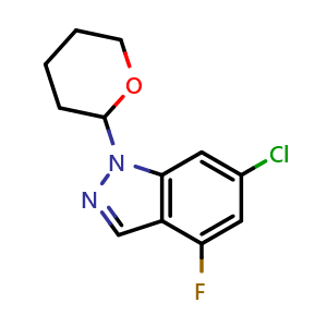 Chemical structure of 6-chloro-4-fluoro-1-tetrahydropyran-2-yl-indazole , CAS 2368910-25-0, AChemBlock X215647