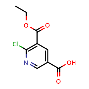 Chemical structure of 6-chloro-5-(ethoxycarbonyl)pyridine-3-carboxylic acid , CAS 1491150-55-0, AChemBlock X215651
