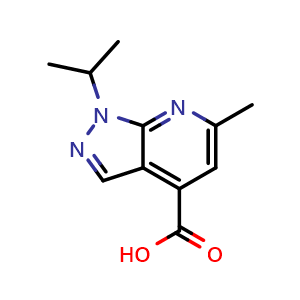 Chemical structure of 6-methyl-1-(propan-2-yl)-1H-pyrazolo[3,4-b]pyridine-4-carboxylic acid , CAS 883544-72-7, AChemBlock X215709