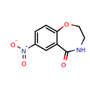 Chemical structure of 7-nitro-3,4-dihydro-2H-1,4-benzoxazepin-5-one , CAS 21228-43-3, AChemBlock X215847