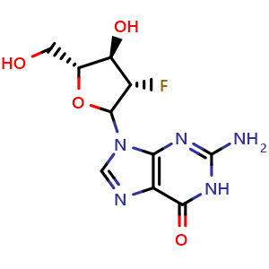 Chemical structure of 9-(2-deoxy-2-fluoroarabinofuranosyl)guanine , CAS 103884-98-6, AChemBlock X215918