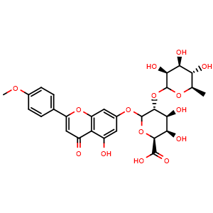 Chemical structure of Acacetin 7-[rhamnosyl-(1->2)-galacturonide] , CAS 38722-95-1, AChemBlock X215931