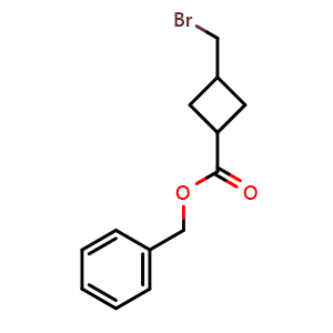 Chemical structure of benzyl 3-(bromomethyl)cyclobutanecarboxylate , CAS 1801176-35-1, AChemBlock X215974