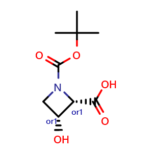 Chemical structure of cis-1-tert-butoxycarbonyl-3-hydroxy-azetidine-2-carboxylic acid , CAS 1904190-12-0, AChemBlock X216021