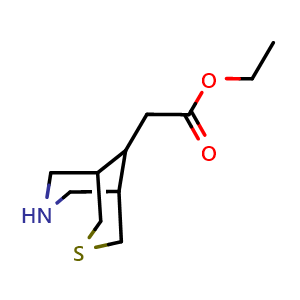 Chemical structure of ethyl 2-(3-thia-7-azabicyclo[3.3.1]nonan-9-yl)acetate , CAS 2115443-79-1, AChemBlock X216115