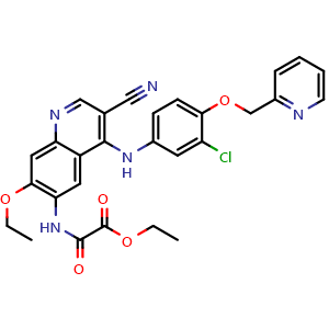 Chemical structure of ethyl 2-(4-(3-chloro-4-(pyridin-2-ylmethoxy)phenylamino)-3-cyano-7-ethoxyquinolin-6-ylamino)-2-oxoacetate , CAS 2517748-01-3, AChemBlock X216116