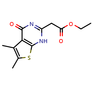 Chemical structure of ethyl 2-{5,6-dimethyl-4-oxo-1H,4H-thieno[2,3-d]pyrimidin-2-yl}acetate , CAS 105219-73-6, AChemBlock X216132