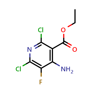 Chemical structure of ethyl 4-amino-2,6-dichloro-5-fluoro-pyridine-3-carboxylate , CAS 2836267-78-6, AChemBlock X216198