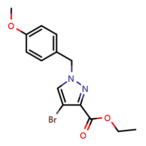 Chemical structure of ethyl 4-bromo-1-[(4-methoxyphenyl)methyl]-1H-pyrazole-3-carboxylate , CAS 2803477-09-8, AChemBlock X216201