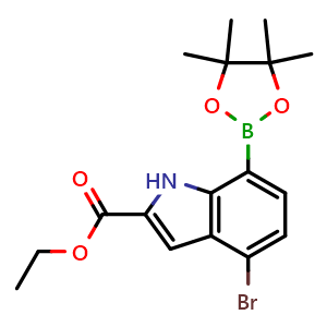 Chemical structure of Ethyl 4-bromo-7-(4,4,5,5-tetramethyl-1,3,2-dioxaborolan-2-yl)-1H-indole-2-carboxylate , CAS 2377609-01-1, AChemBlock X216203