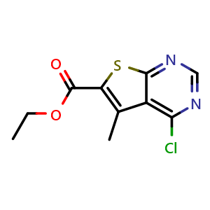 Chemical structure of ethyl 4-chloro-5-methylthieno[2,3-d]pyrimidine-6-carboxylate , CAS 101667-98-5, AChemBlock X216205