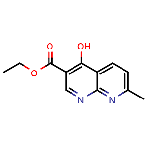 Chemical structure of ethyl 4-hydroxy-7-methyl-1,8-naphthyridine-3-carboxylate , CAS 13250-96-9, AChemBlock X216208