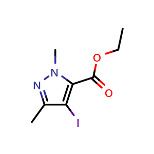Chemical structure of ethyl 4-iodo-1,3-dimethyl-1H-pyrazole-5-carboxylate , CAS 153208-27-6, AChemBlock X216209