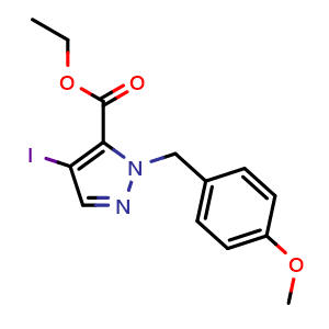 Chemical structure of ethyl 4-iodo-1-[(4-methoxyphenyl)methyl]-1H-pyrazole-5-carboxylate , CAS 1355336-09-2, AChemBlock X216210