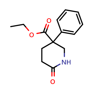 Chemical structure of ethyl 6-hydroxy-3-phenyl-2,3,4,5-tetrahydropyridine-3-carboxylate , CAS 5632-70-2, AChemBlock X216247