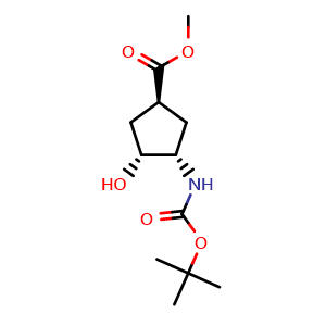 Chemical structure of methyl (1S,3S,4R)-3-(tert-butoxycarbonylamino)-4-hydroxy-cyclopentanecarboxylate , CAS 321744-21-2, AChemBlock X216276