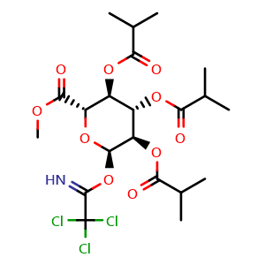 Chemical structure of methyl (2S,3S,4S,5R,6R)-3,4,5-tris[(2-methylpropanoyl)oxy]-6-[(2,2,2-trichloroethanimidoyl)oxy]oxane-2-carboxylate , CAS 150607-96-8, AChemBlock X216290