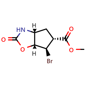Chemical structure of methyl (3aR,5R,6R,6aR)-6-bromo-2-oxo-3,3a,4,5,6,6a-hexahydrocyclopenta[d]oxazole-5-carboxylate , CAS 352226-71-2, AChemBlock X216292