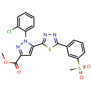 Chemical structure of methyl 1-(2-chlorophenyl)-5-(5-(3-(methylsulfonyl)phenyl)-1,3,4-thiadiazol-2-yl)-1h-pyrazole-3-carboxylate , CAS 1454288-71-1, AChemBlock X216308