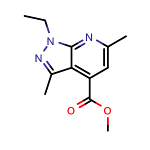 Chemical structure of methyl 1-ethyl-3,6-dimethyl-1H-pyrazolo[3,4-b]pyridine-4-carboxylate , CAS 832742-02-6, AChemBlock X216317