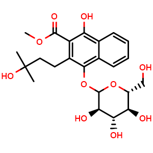 Chemical structure of methyl 1-hydroxy-3-(3-hydroxy-3-methylbutyl)-4-(((3R,4S,5S,6R)-3,4,5-trihydroxy-6-(hydroxymethyl)tetrahydro-2H-pyran-2-yl)oxy)-2-naphthoate , CAS 125906-48-1, AChemBlock X216319