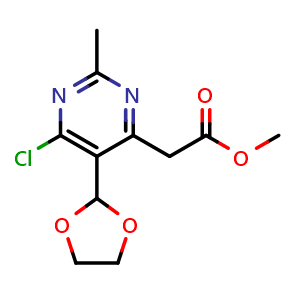 Chemical structure of methyl 2-[6-chloro-5-(1,3-dioxolan-2-yl)-2-methyl-pyrimidin-4-yl]acetate , CAS 2359690-95-0, AChemBlock X216357