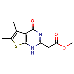 Chemical structure of methyl 2-{5,6-dimethyl-4-oxo-1H,4H-thieno[2,3-d]pyrimidin-2-yl}acetate , CAS 105219-75-8, AChemBlock X216359