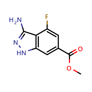 Chemical structure of methyl 3-amino-4-fluoro-1H-indazole-6-carboxylate , CAS 3026696-85-2, AChemBlock X216411