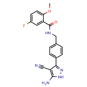 Chemical structure of N-(4-(5-amino-4-cyano-1H-pyrazol-3-yl)benzyl)-5-fluoro-2-methoxybenzamide , CAS 2819683-08-2, AChemBlock X216553