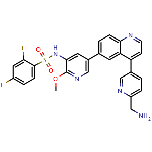 Chemical structure of N-(5-(4-(6-(aminomethyl)pyridin-3-yl)quinolin-6-yl)-2-methoxypyridin-3-yl)-2,4-difluorobenzenesulfonamide , CAS 2415942-02-6, AChemBlock X216560