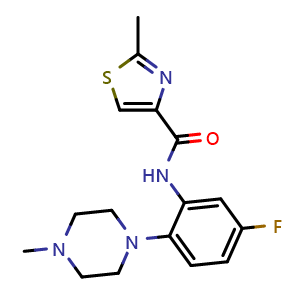 Chemical structure of N-(5-Fluoro-2-(4-methylpiperazin-1-yl)phenyl)-2-methylthiazole-4-carboxamide , CAS 1333666-88-8, AChemBlock X216564