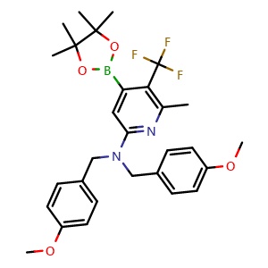 Chemical structure of N,N-bis[(4-methoxyphenyl)methyl]-6-methyl-4-(4,4,5,5-tetramethyl-1,3,2-dioxaborolan-2-yl)-5-(trifluoromethyl)pyridin-2-amine , CAS 2763159-76-6, AChemBlock X216584