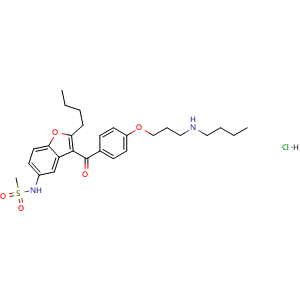Chemical structure of n-[2-butyl-3-[4-[3-(butylamino)propoxy]benzoyl] -5-benzofuranyl]methanesulfonamide hydrochloride , CAS 197431-02-0, AChemBlock X216601