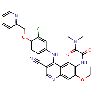 Chemical structure of n1-(4-((3-chloro-4-(pyridin-2-ylmethoxy)phenyl)amino)-3-cyano-7-ethoxyquinolin-6-yl)-n2,n2-dimethyloxalamide , CAS 1144516-19-7, AChemBlock X216604