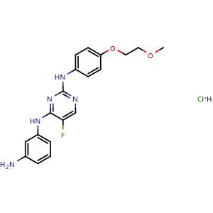 Chemical structure of n4-(3-aminophenyl)-5-fluoro-n2-(4-(2-methoxyethoxy)phenyl)pyrimidine-2,4-diamine hydrochloride , CAS 1202759-91-8, AChemBlock X216614