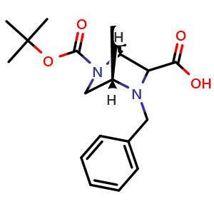 Chemical structure of rel-(1S,4S)-2-benzyl-5-[(tert-butoxy)carbonyl]-2,5-diazabicyclo[2.2.1]heptane-3-carboxylic acid , CAS 2111107-94-7, AChemBlock X216691