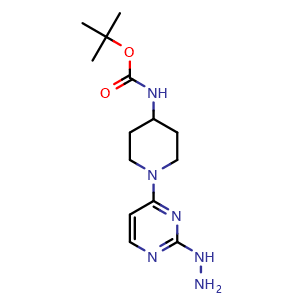 Chemical structure of tert-butyl (1-(2-hydrazineylpyrimidin-4-yl)piperidin-4-yl)carbamate , CAS 2096987-03-8, AChemBlock X216708