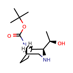 Chemical structure of tert-butyl (1S,2S,5R)-2-[(1R)-1-hydroxyethyl]-3,8-diazabicyclo[3.2.1]octane-8-carboxylate , CAS 2916867-21-3, AChemBlock X216718