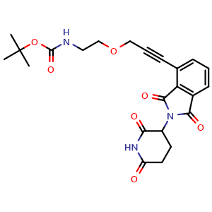 Chemical structure of tert-butyl (2-((3-(2-(2,6-dioxopiperidin-3-yl)-1,3-dioxoisoindolin-4-yl)prop-2-yn-1-yl)oxy)ethyl)carbamate , CAS 2136248-19-4, AChemBlock X216721