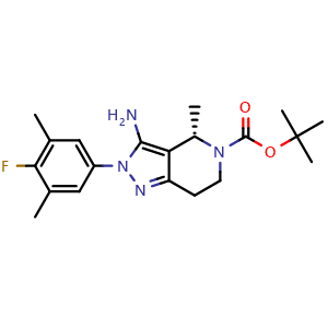 Chemical structure of tert-butyl (4S)-3-amino-2-(4-fluoro-3,5-dimethyl-phenyl)-4-methyl-6,7-dihydro-4H-pyrazolo[4,3-c]pyridine-5-carboxylate , CAS 2212021-59-3, AChemBlock X216747