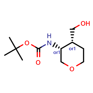 Chemical structure of tert-Butyl (cis-4-(hydroxymethyl)tetrahydro-2H-pyran-3-yl)carbamate , CAS 1006891-20-8, AChemBlock X216756