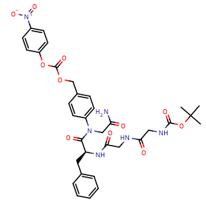 Chemical structure of tert-butyl (S)-(2-((2-((1-((2-amino-2-oxoethyl)(4-((((4-nitrophenoxy)carbonyl)oxy)methyl)phenyl)amino)-1-oxo-3-phenylpropan-2-yl)amino)-2-oxoethyl)amino)-2-oxoethyl)carbamate , CAS 251459-29-7, AChemBlock X216758