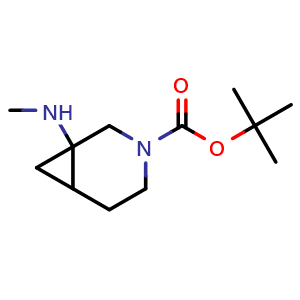 Chemical structure of tert-butyl 1-(methylamino)-3-azabicyclo[4.1.0]heptane-3-carboxylate , CAS 1341039-52-8, AChemBlock X216761