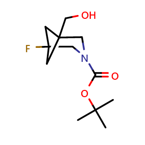 Chemical structure of tert-butyl 1-fluoro-5-(hydroxymethyl)-3-azabicyclo[3.1.1]heptane-3-carboxylate , CAS 2413900-24-8, AChemBlock X216766