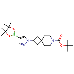 Chemical structure of tert-butyl 2-[4-(4,4,5,5-tetramethyl-1,3,2-dioxaborolan-2-yl)pyrazol-1-yl]-7-azaspiro[3.5]nonane-7-carboxylate , CAS 2304635-20-7, AChemBlock X216783