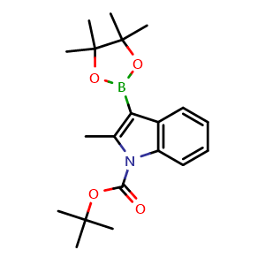 Chemical structure of tert-butyl 2-methyl-3-(4,4,5,5-tetramethyl-1,3,2-dioxaborolan-2-yl)-1H-indole-1-carboxylate , CAS 1627721-62-3, AChemBlock X216791