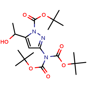 Chemical structure of tert-Butyl 3-((di-tert-butoxycarbonyl)amino)-5-(1-hydroxyethyl)-1H-pyrazole-1-carboxylate , CAS 1439824-04-0, AChemBlock X216796